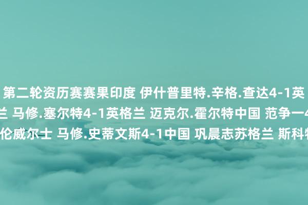 第二轮资历赛赛果印度 伊什普里特.辛格.查达4-1英格兰 阿什利.卡蒂英格兰 马修.塞尔特4-1英格兰 迈克尔.霍尔特中国 范争一4-2英格兰 利亚姆.普伦威尔士 马修.史蒂文斯4-1中国 巩晨志苏格兰 斯科特.唐纳森4-0威尔士 杜安.琼斯英格兰 马克.戴维斯4-2英格兰 阿尔菲.波登威尔士 多米尼克.戴尔4-2巴基斯坦 哈里斯.塔希尔中国 江俊4-3英格兰 大卫.里利英格兰 路易.希斯科特4-